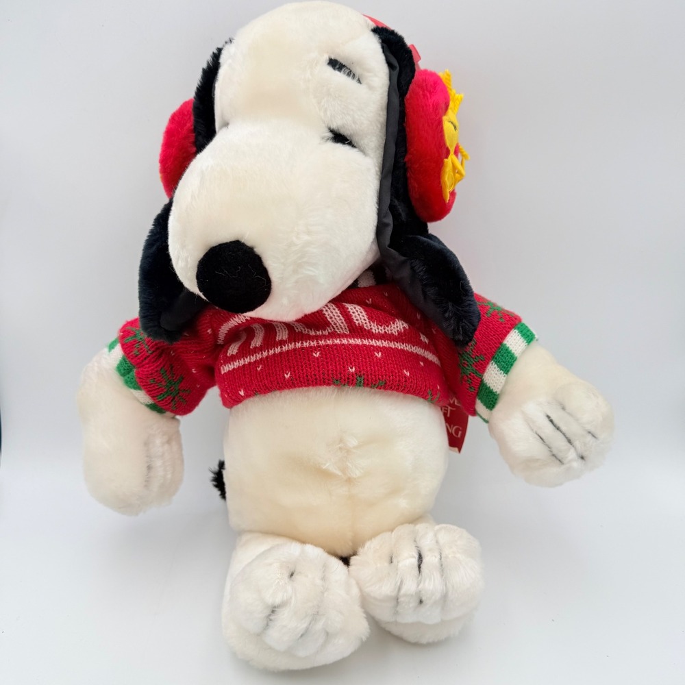 Vintage Snoopy Christmas Plush Earmuffs Woodstock Red Sweater Macys Peanuts 18in